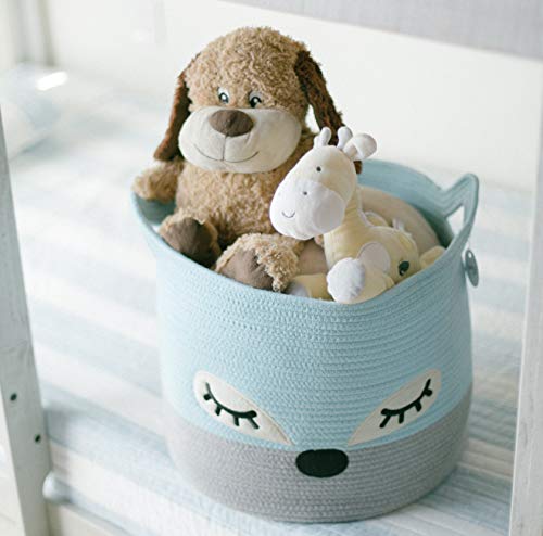 Woven Baby Basket for Nursery - Cute Blue Fox Baby Laundry Basket for Blankets, Stuffed Animal Toy Basket Storage with Handles, Large Decorative Baby Hamper Basket for Organizing Baby Shower