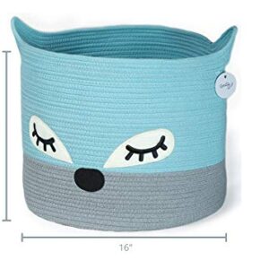 Woven Baby Basket for Nursery - Cute Blue Fox Baby Laundry Basket for Blankets, Stuffed Animal Toy Basket Storage with Handles, Large Decorative Baby Hamper Basket for Organizing Baby Shower