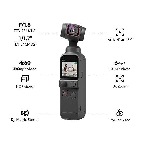 DJI Pocket 2 - Handheld 3-Axis Gimbal Stabilizer with 4K Camera, 1/1.7” CMOS, 64MP Photo, Pocket-Sized, ActiveTrack 3.0, Glamour Effects, YouTube TikTok Video Vlog, for Android and iPhone, Black