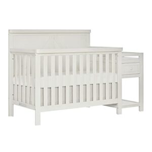 SweetPea Baby Meadowland 5-in-1 Convertible Crib & Changer I Attached Changer I Removable Changing Pad I Space-Saving Storage I Farmhouse Design, Weathered White