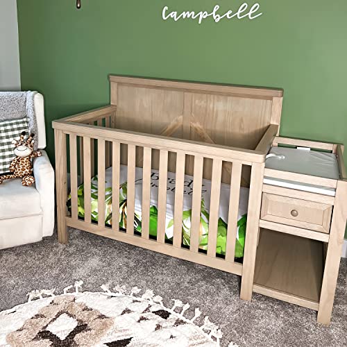 SweetPea Baby Meadowland 5-in-1 Convertible Crib & Changer I Attached Changer I Removable Changing Pad I Space-Saving Storage I Farmhouse Design, Weathered White