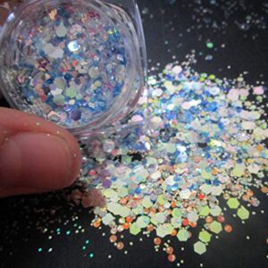 LuckForever 12 Colors Chunky Body Glitters Iridescent White Pink Purple Hexagon Nail Glitters Sequins Flakes Powder for Acrylic Nails Crafts Paints Resin Cosmetics