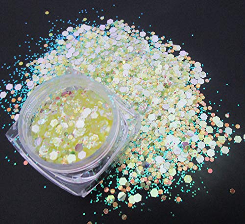 LuckForever 12 Colors Chunky Body Glitters Iridescent White Pink Purple Hexagon Nail Glitters Sequins Flakes Powder for Acrylic Nails Crafts Paints Resin Cosmetics