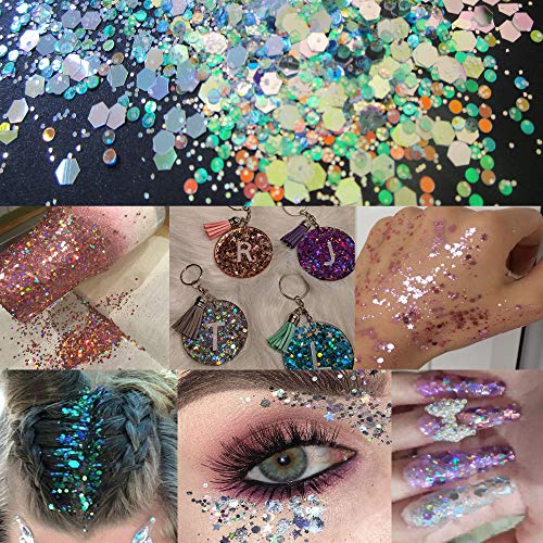 LuckForever 12 Colors Chunky Body Glitters Iridescent White Pink Purple Hexagon Nail Glitters Sequins Flakes Powder for Acrylic Nails Crafts Paints Resin Cosmetics