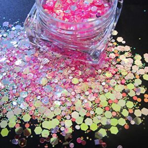 LuckForever 12 Colors Chunky Body Glitters Iridescent White Pink Purple Hexagon Nail Glitters Sequins Flakes Powder for Acrylic Nails Crafts Paints Resin Cosmetics