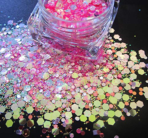 LuckForever 12 Colors Chunky Body Glitters Iridescent White Pink Purple Hexagon Nail Glitters Sequins Flakes Powder for Acrylic Nails Crafts Paints Resin Cosmetics