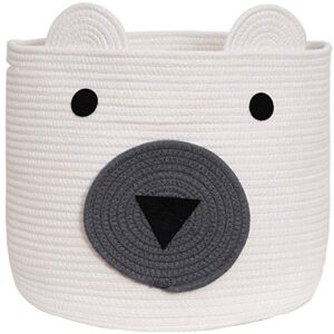 vk living cotton rope bear animal basket foldable large woven storage basket baby nursery cute laundry hamper for toys,blanket, towels clothes in bedroom living room white