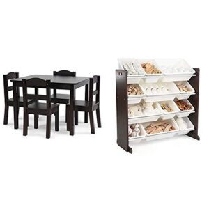humble crew, espresso kids wood table and 4 chairs set, 5-piece & modern toy organizer with 12 bins, espresso/white