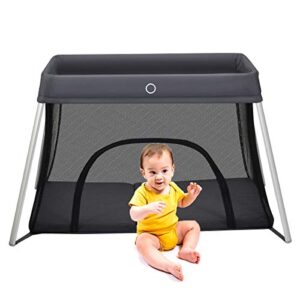 HONEY JOY Baby Travel Crib, Portable Pack and Play Travel Bassinet with Carry Bag, Lightweight Baby Playpen w/Washable Mattress, Side Zipper Door, Large Foldable Play-Yard for Infant Boy Girl (Gray)