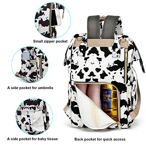 Yusudan Cow Print Diaper Bag Backpack for Baby Girls, Mom Waterproof Large Nappy Bags for Women