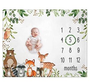 ricefine woodland baby monthly milestone blanket, woodland animals baby growth chart monthly blanket, watch me grow baby woodland forest nursery for new moms baby shower (50"x40")