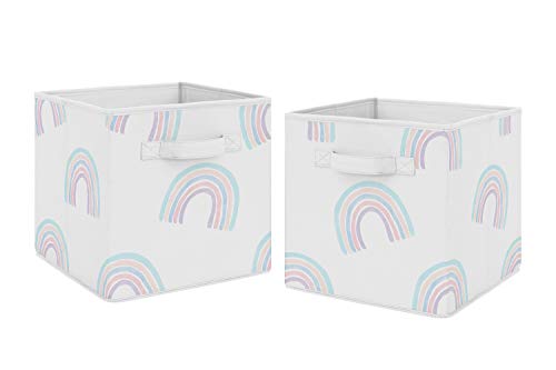 Sweet Jojo Designs Pastel Rainbow Foldable Fabric Storage Cube Bins Boxes Organizer Toys Kids Baby Childrens - Set of 2 - Blush Pink, Purple, Teal, Blue and White