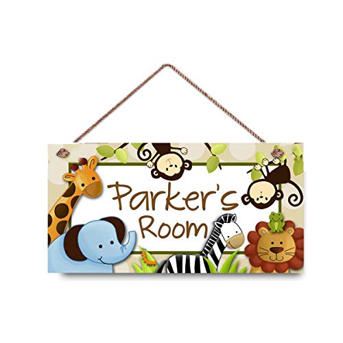 Jungle Safari Animals Elephant Monkeys Lion Giraffe Babies Bedroom Nursery Kids Personalized Name's Door Sign Wall Art