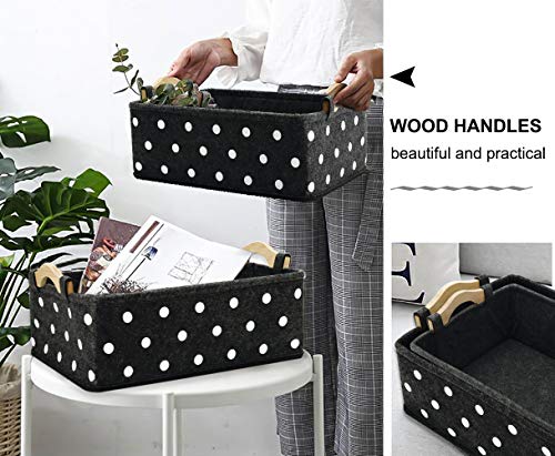 Oubra Small Storage Bins Felt Narrow Basket Collapsible Modern Baskets with Wooden Handles Gray Storage Baskets for Shelves Closet Decorative Bin