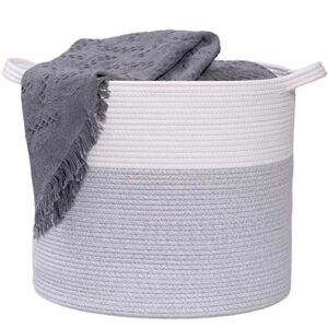 lily miles woven storage basket for blankets - rope laundry basket - cotton rope blanket basket living room - decorative round basket for kids toys, pillows, towels - tall extra large xxl 18”d x 16”h