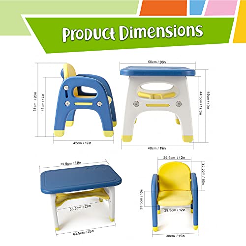 TinyGeeks Kids Table and Chairs Set Safe for Children - New 2023 - Activity Table for Kids - Ideal for Drawing and Painting - Durable Toddler Table and Chair Set - Mesa para niños - Blue & Yellow