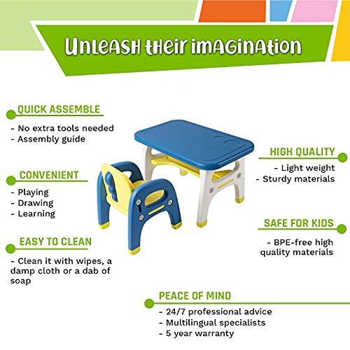 TinyGeeks Kids Table and Chairs Set Safe for Children - New 2023 - Activity Table for Kids - Ideal for Drawing and Painting - Durable Toddler Table and Chair Set - Mesa para niños - Blue & Yellow