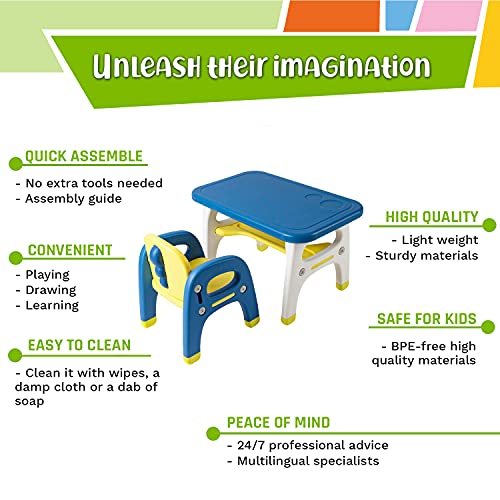 TinyGeeks Kids Table and Chairs Set Safe for Children - New 2023 - Activity Table for Kids - Ideal for Drawing and Painting - Durable Toddler Table and Chair Set - Mesa para niños - Blue & Yellow