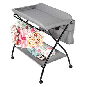 JOYMOR Portable Diaper Changing Station,Folding Baby Changing Table for Infant, Moblie Diaper Changing Table with Wheels, Large Storage Basket ＆ Shelf Portable Nursery Organizer (Grey)