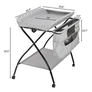 JOYMOR Portable Diaper Changing Station,Folding Baby Changing Table for Infant, Moblie Diaper Changing Table with Wheels, Large Storage Basket ＆ Shelf Portable Nursery Organizer (Grey)