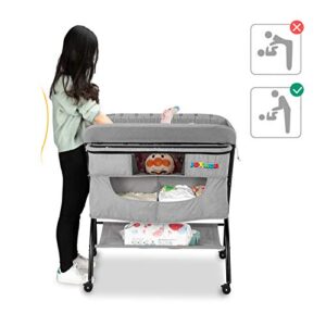 JOYMOR Portable Diaper Changing Station,Folding Baby Changing Table for Infant, Moblie Diaper Changing Table with Wheels, Large Storage Basket ＆ Shelf Portable Nursery Organizer (Grey)