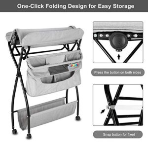 JOYMOR Portable Diaper Changing Station,Folding Baby Changing Table for Infant, Moblie Diaper Changing Table with Wheels, Large Storage Basket ＆ Shelf Portable Nursery Organizer (Grey)