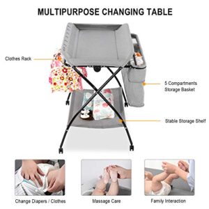 JOYMOR Portable Diaper Changing Station,Folding Baby Changing Table for Infant, Moblie Diaper Changing Table with Wheels, Large Storage Basket ＆ Shelf Portable Nursery Organizer (Grey)