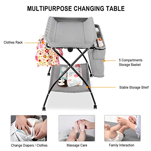 JOYMOR Portable Diaper Changing Station,Folding Baby Changing Table for Infant, Moblie Diaper Changing Table with Wheels, Large Storage Basket ＆ Shelf Portable Nursery Organizer (Grey)