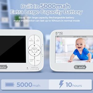 Dr.meter Split Screen Baby Monitor with 2 Cameras, 5'' Large Display Video Baby Monitor With Camera and Audio, 720p Hd, Remote Pan-Tilt-Zoom, 2-Way Talk, 1000ft Range, Night Vision,No Wifi