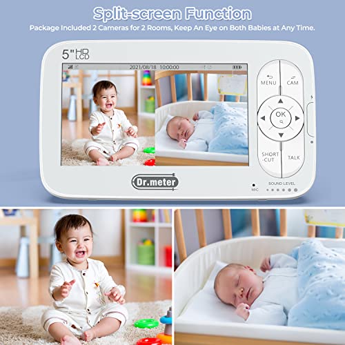 Dr.meter Split Screen Baby Monitor with 2 Cameras, 5'' Large Display Video Baby Monitor With Camera and Audio, 720p Hd, Remote Pan-Tilt-Zoom, 2-Way Talk, 1000ft Range, Night Vision,No Wifi