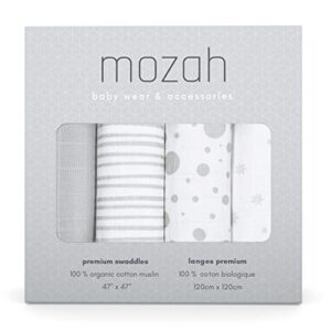 mozah organic muslin swaddle blankets - baby extra large 47x47 inches - baby swaddle blanket - stars, stripes, dots, grey - unisex muslin blankets girl or boys