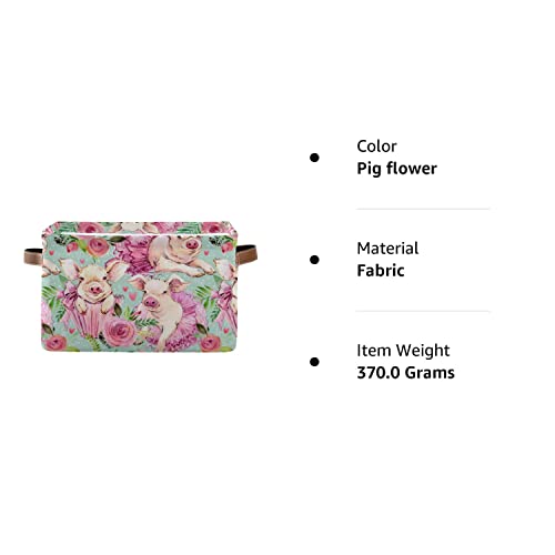 Watercolor Animal Pig Flower Square Storage Basket Bin Canvas Fabric Compressible Organizer Basket with Handle for Bedroom Nursery Office, 1PCS