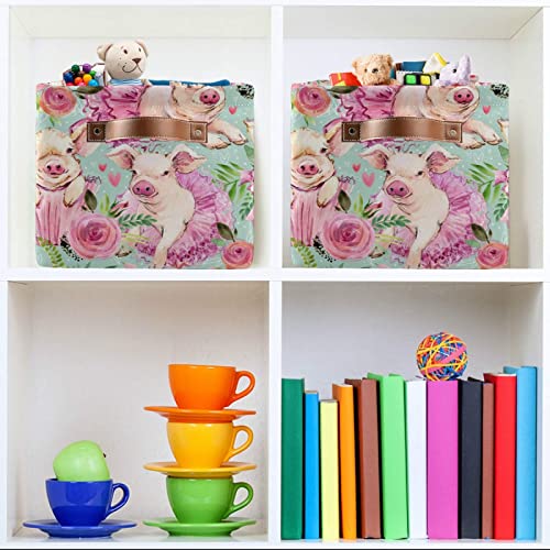Watercolor Animal Pig Flower Square Storage Basket Bin Canvas Fabric Compressible Organizer Basket with Handle for Bedroom Nursery Office, 1PCS