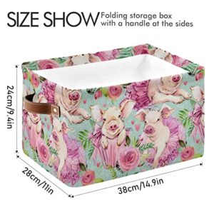 Watercolor Animal Pig Flower Square Storage Basket Bin Canvas Fabric Compressible Organizer Basket with Handle for Bedroom Nursery Office, 1PCS