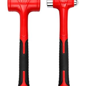 YIYITOOLS 2Pcs Dead Blow Hammer Set,16oz(1LB)Ball Pein Hammer,27oz(1.5LB)Dead Blow Hammer,Red and Black, Shockproof Design, No Rebound Mallet Unibody Molded Checkered Grip Spark and Rebound Resistant