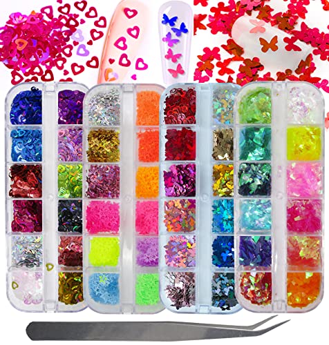 LoveOurHome Nail Glitters Sequins Set Mixed Shaped Holographic Heart Butterfly Neon Star Chunky Glitter Flakes Accessories Manicure Sticker Decorations for Makeup Crafts Resin Nails