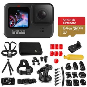 gopro hero9 black, sports and action camera bundle with froggi accessory kit, 64gb microsd card, 1080p