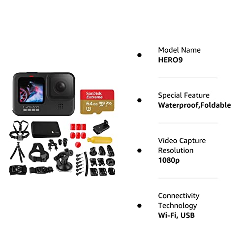 GoPro HERO9 Black, Sports and Action Camera Bundle with Froggi Accessory Kit, 64GB microSD Card, 1080p