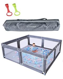 todale baby playpen for toddler, extra large baby playard, infant safety activity center, sturdy babies playpen with anti-slip suckers,tear-resistant material &breathable mesh (grey 70”×59”)