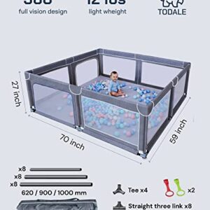 TODALE Baby Playpen for Toddler, Extra Large Baby Playard, Infant Safety Activity Center, Sturdy Babies Playpen with Anti-Slip Suckers,Tear-Resistant Material &Breathable Mesh (Grey 70”×59”)