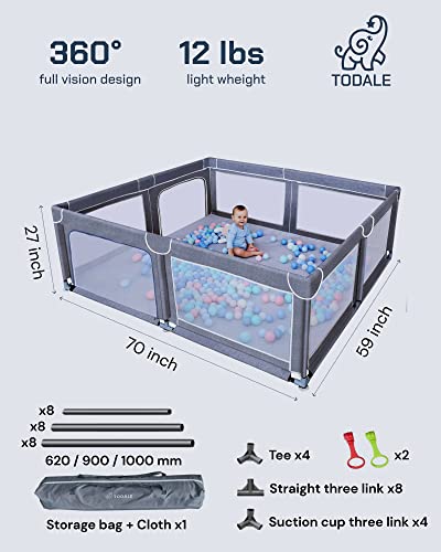 TODALE Baby Playpen for Toddler, Extra Large Baby Playard, Infant Safety Activity Center, Sturdy Babies Playpen with Anti-Slip Suckers,Tear-Resistant Material &Breathable Mesh (Grey 70”×59”)