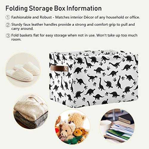 senya Large Foldable Storage Basket with Handles, White Black Dinosaur Silhouettes Fabric Collapsible Storage Bins Organizer Bag for Baby Storage Toy Storage 15 x 11 x 9.5 inch