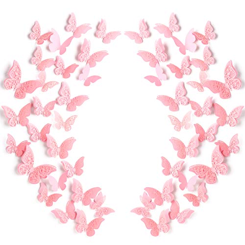 120 Pieces 3D Layered Butterfly Wall Decor Removable Butterfly Stickers Hollow Mural Decals Decorative Wall Art Crafts for DIY Baby Room Home Wedding Decor (Pink)