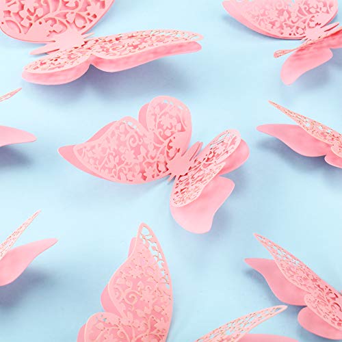 120 Pieces 3D Layered Butterfly Wall Decor Removable Butterfly Stickers Hollow Mural Decals Decorative Wall Art Crafts for DIY Baby Room Home Wedding Decor (Pink)