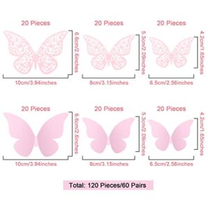 120 Pieces 3D Layered Butterfly Wall Decor Removable Butterfly Stickers Hollow Mural Decals Decorative Wall Art Crafts for DIY Baby Room Home Wedding Decor (Pink)