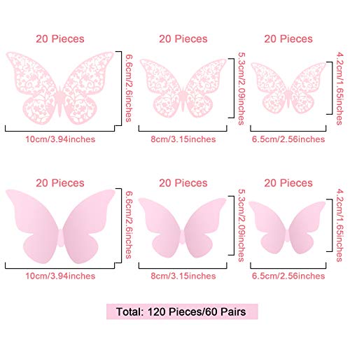 120 Pieces 3D Layered Butterfly Wall Decor Removable Butterfly Stickers Hollow Mural Decals Decorative Wall Art Crafts for DIY Baby Room Home Wedding Decor (Pink)