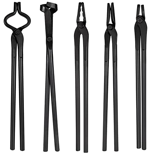 Blacksmith Tongs Tools Set For Knife Making Tongs, Blacksmithing Forge Tongs Kit 5PCS Includes Flat Tongs & Square Jaw Tongs & Bolt Tongs & Blade Tongs & Wolf Jaw tongs Black Smith Supplies