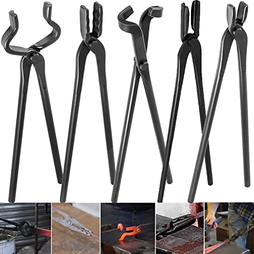 Blacksmith Tongs Tools Set For Knife Making Tongs, Blacksmithing Forge Tongs Kit 5PCS Includes Flat Tongs & Square Jaw Tongs & Bolt Tongs & Blade Tongs & Wolf Jaw tongs Black Smith Supplies