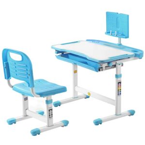 kids desk and chair set height adjustable children study table, anti-reflective ergonomic design home school multi-usage student writing desk, tilt desktop with reading board and pull out drawer, blue