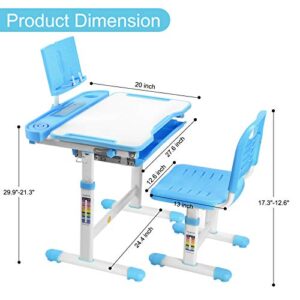 Kids Desk and Chair Set Height Adjustable Children Study Table, Anti-Reflective Ergonomic Design Home School Multi-Usage Student Writing Desk, Tilt Desktop with Reading Board and Pull Out Drawer, Blue